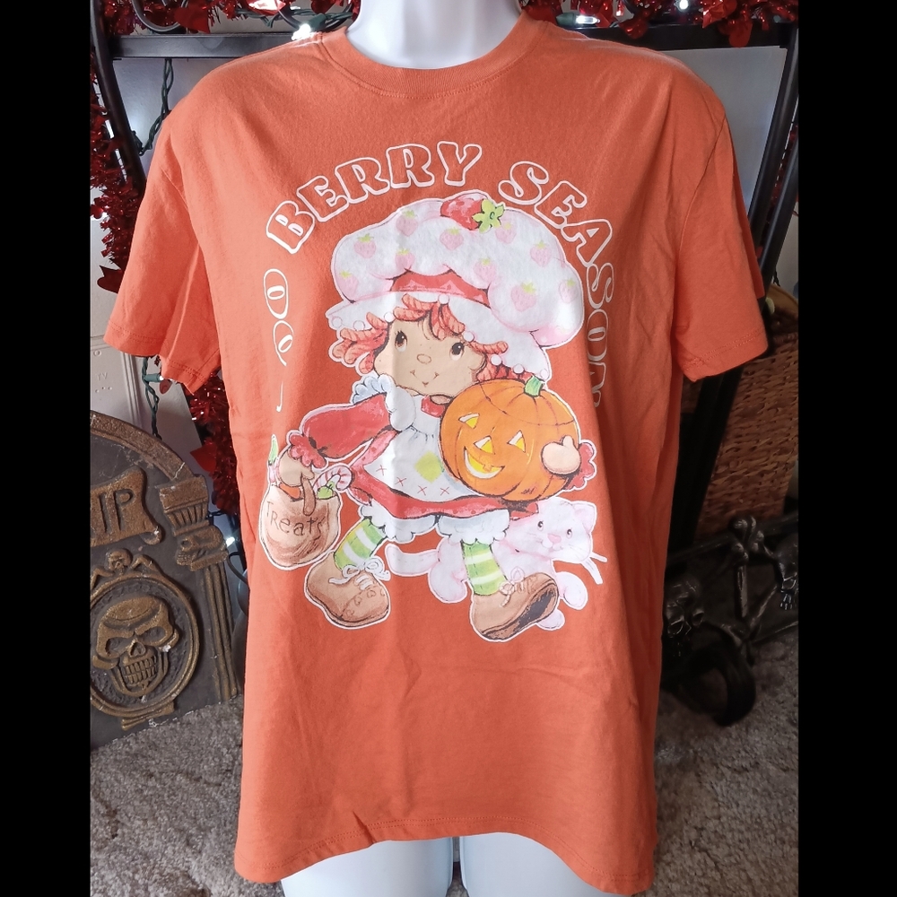 🧡 Strawberry Shortcake Halloween T-shirt Orange Pumpkin Small S Custard Cotton